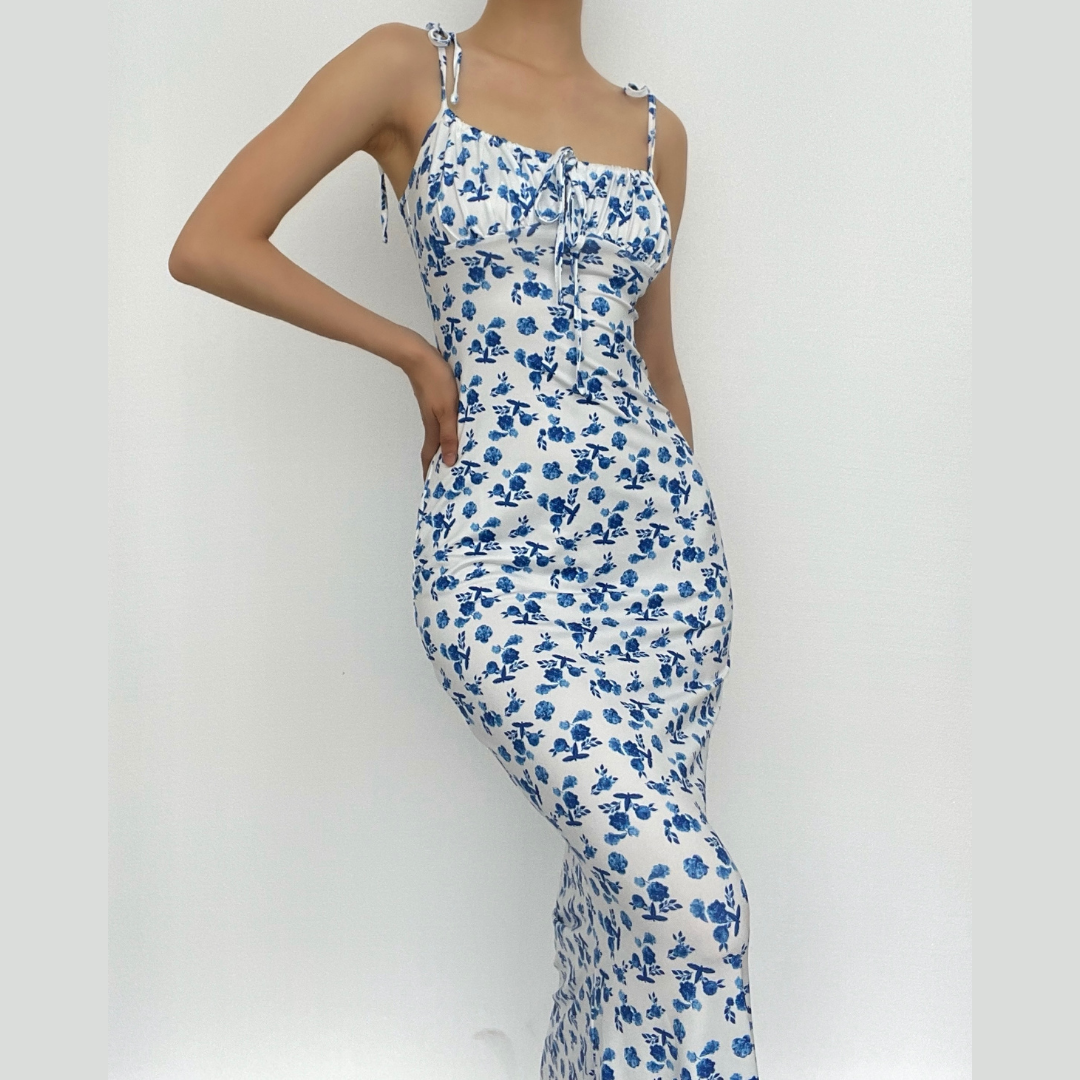 Chic Blue Floral Tie-Shoulder Maxi Dress - Elegant Mermaid Hem for Fall Events & Tropical Getaways