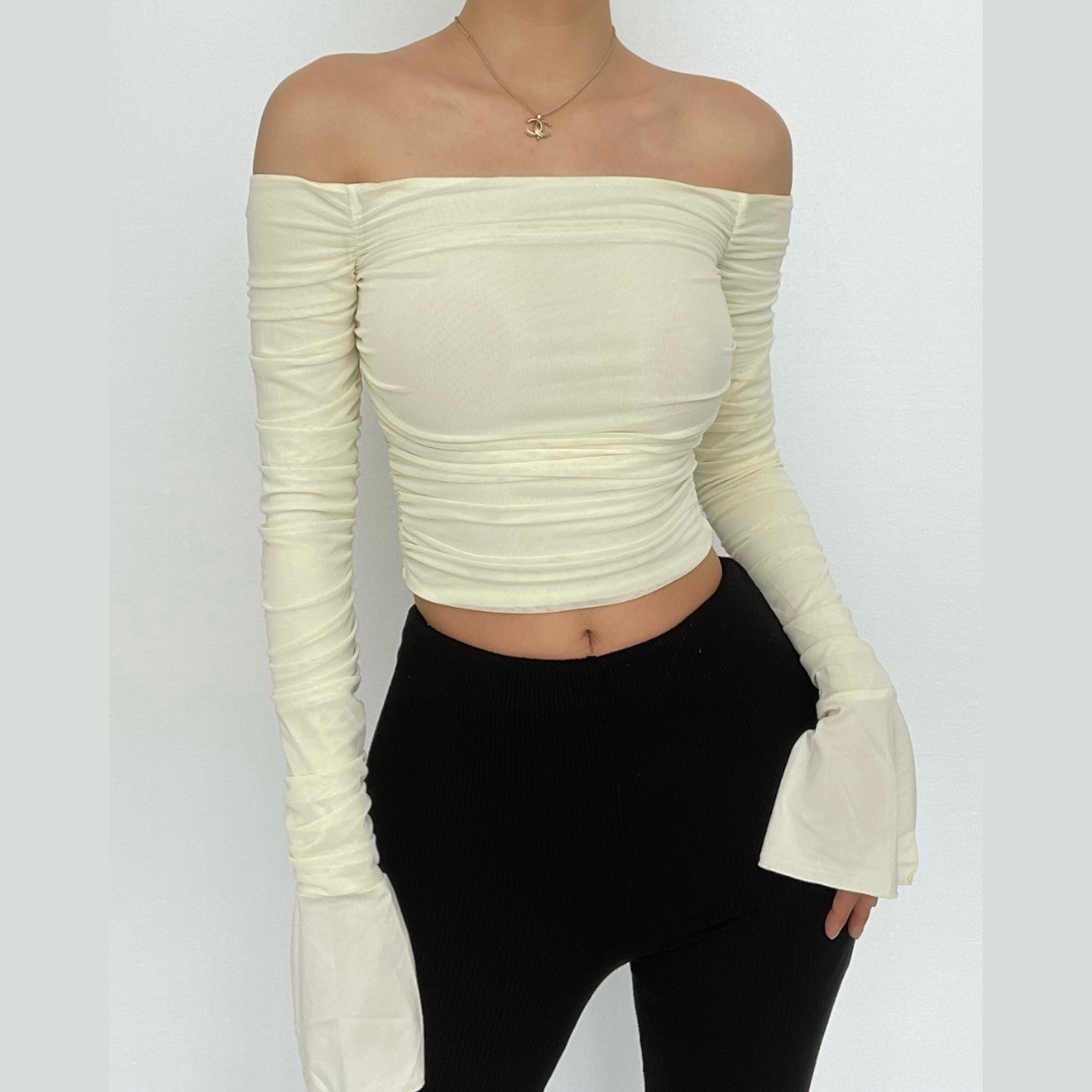 Chic Fall Nights: Black Off-Shoulder Ruched Crop Top with Slit Sleeves