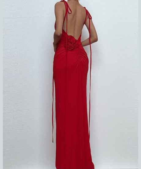 The Scarlet Rose Self-Tie Open Back Maxi Gown - Fall & Holiday Gala Ready