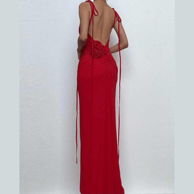 The Scarlet Rose Self-Tie Open Back Maxi Gown - Fall & Holiday Gala Ready