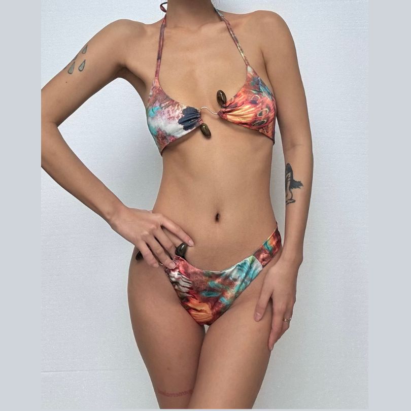 Artisan Beaded Halter Bikini: Abstract Print Swimwear for Your Winter Sun Escape