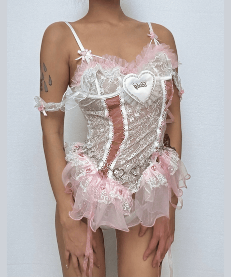 Dreamy Coquette 'Baby' Heart Pink Lace Ruffle Bodysuit - Perfect for Romantic Fall Nights