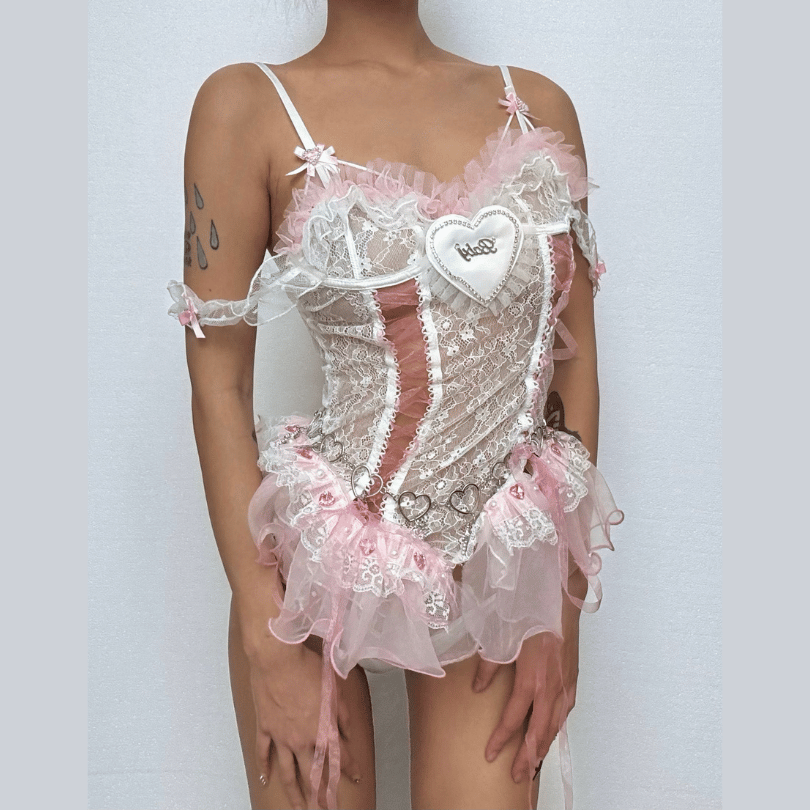 Dreamy Coquette 'Baby' Heart Pink Lace Ruffle Bodysuit - Perfect for Romantic Fall Nights
