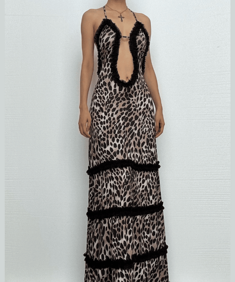Fall Rendezvous: Luxe Leopard Ruffle Halter Maxi Dress – Your Head-Turning Style Statement