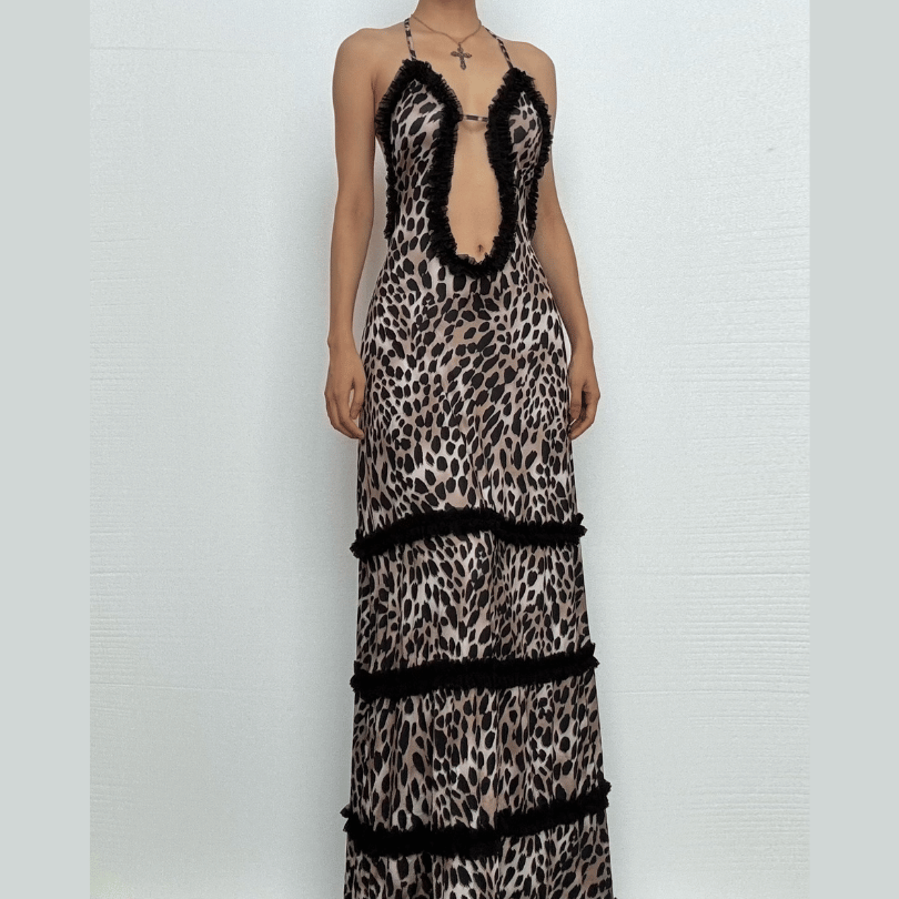 Fall Rendezvous: Luxe Leopard Ruffle Halter Maxi Dress – Your Head-Turning Style Statement