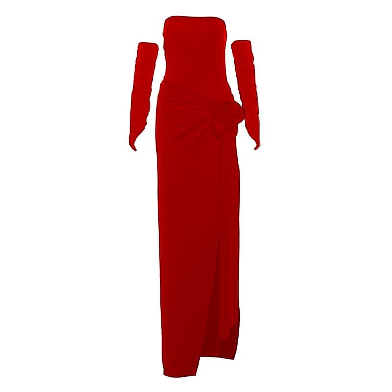 Scarlet Rose High Slit Maxi Dress | Strapless Gown with Detached Sleeves for Holiday & Gala Season