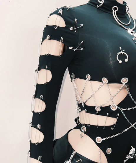 Women's Edgy Gothic Bodysuit: Skull, Chains & Safety Pin Cut-Outs | Halloween & Fall Concert Ready