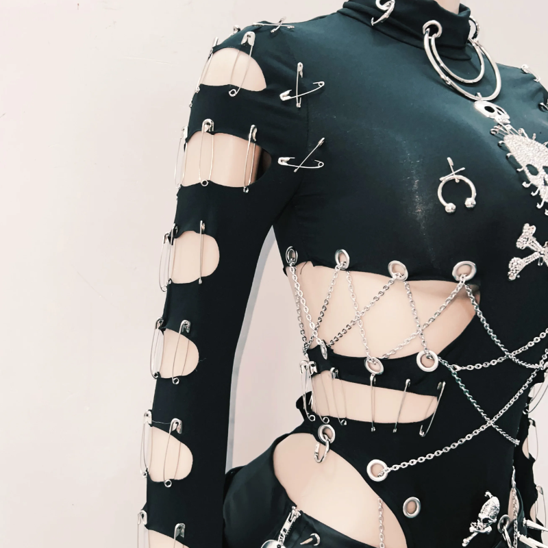 Women's Edgy Gothic Bodysuit: Skull, Chains & Safety Pin Cut-Outs | Halloween & Fall Concert Ready