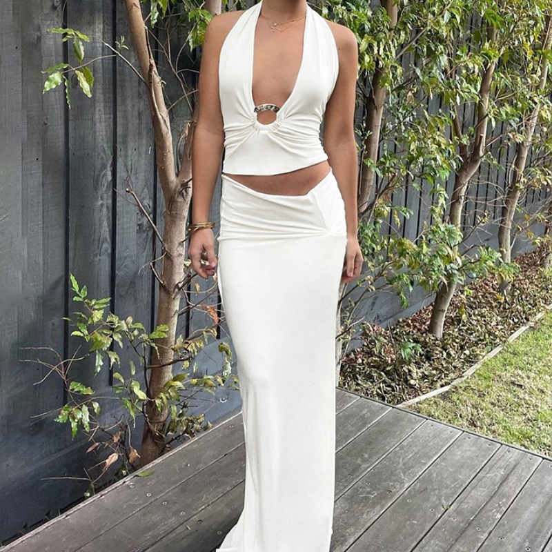 Chic Black Halter O-Ring Crop Top & Ruched Maxi Skirt Set - Fall Evening & Holiday Ready