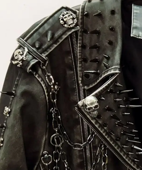 Unleash Your Inner Rebel: Spiked & Chained Skull Faux Leather Jacket - Your Ultimate Fall & Halloween Statement