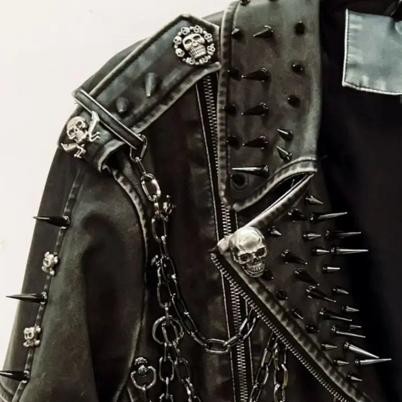 Unleash Your Inner Rebel: Spiked & Chained Skull Faux Leather Jacket - Your Ultimate Fall & Halloween Statement