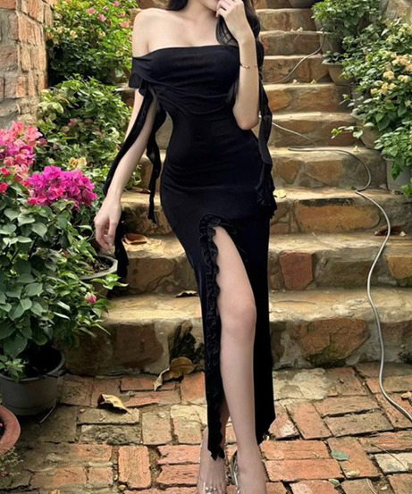 Allure Black Off-Shoulder Ruffle Slit Maxi Dress - Fall & Holiday Party Glamour