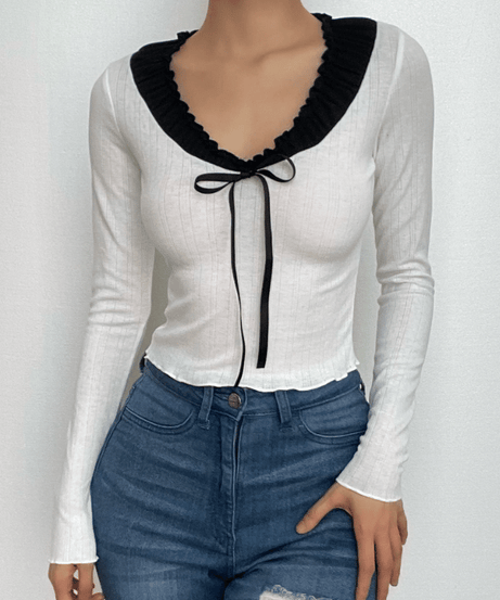 Fall Chic: Sweetheart Ruffle Tie-Front Ribbed Knit Long Sleeve Top