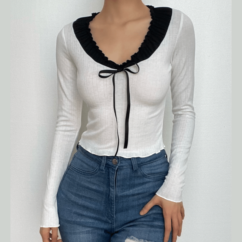 Fall Chic: Sweetheart Ruffle Tie-Front Ribbed Knit Long Sleeve Top