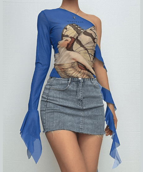 Enchanting Butterfly Art One-Shoulder Mesh Top - Flared Sleeve Y2K Style for Fall