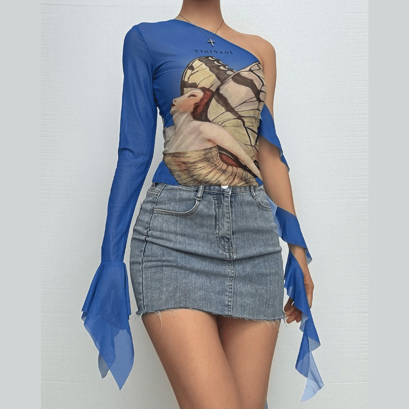 Enchanting Butterfly Art One-Shoulder Mesh Top - Flared Sleeve Y2K Style for Fall