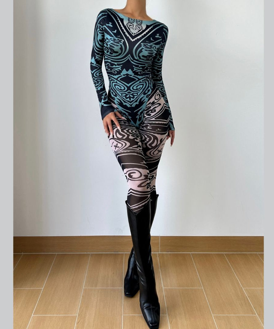 Fall '25 Abstract Wave Print Long Sleeve Jumpsuit - Teal & Black Bodycon Catsuit