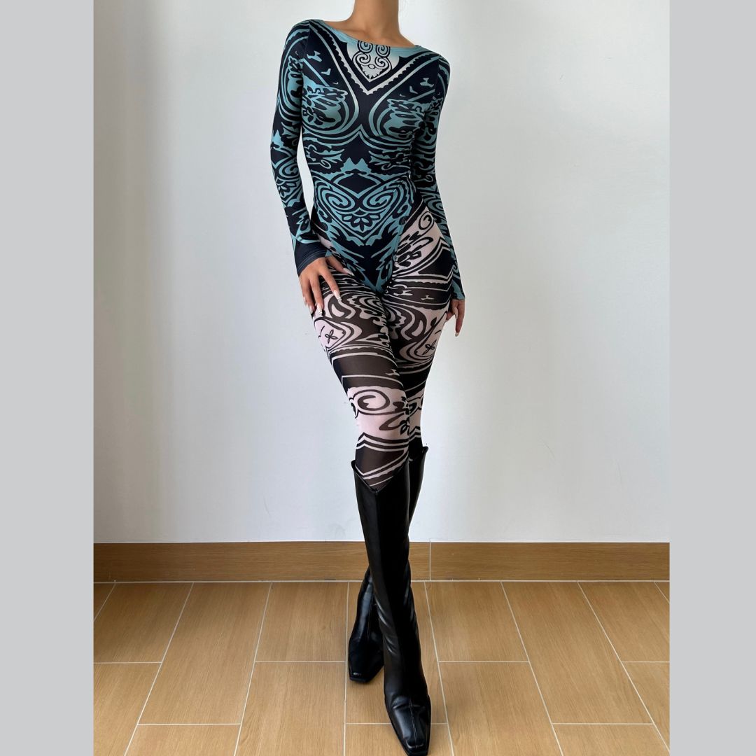 Fall '25 Abstract Wave Print Long Sleeve Jumpsuit - Teal & Black Bodycon Catsuit