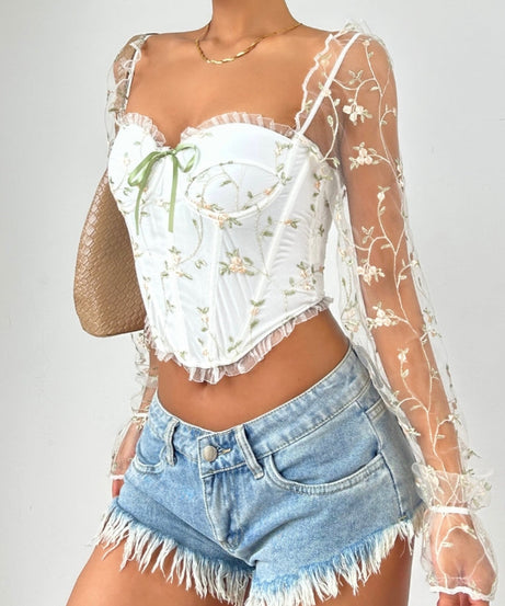 Fall Fairycore Dream: Embroidered Floral Corset Top with Romantic Sheer Ruffle Sleeves