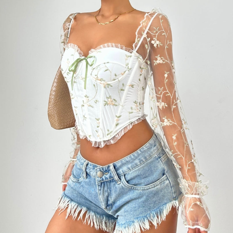 Fall Fairycore Dream: Embroidered Floral Corset Top with Romantic Sheer Ruffle Sleeves