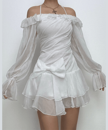 Enchanted Aura White Off-Shoulder Halter Mini Dress | Ruffle Chiffon Bow for Fall Parties & Chic Halloween