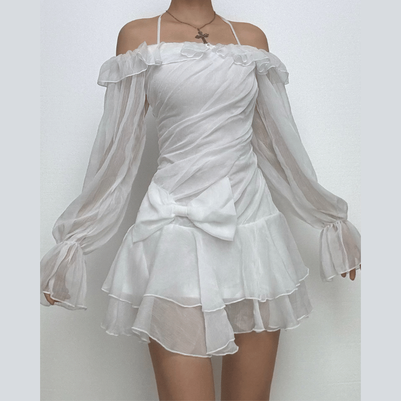 Enchanted Aura White Off-Shoulder Halter Mini Dress | Ruffle Chiffon Bow for Fall Parties & Chic Halloween