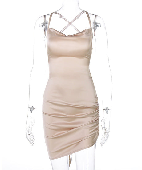 Chic Sage Green Satin Cowl Neck Backless Mini Dress - Ruched for Fall & Holiday Parties