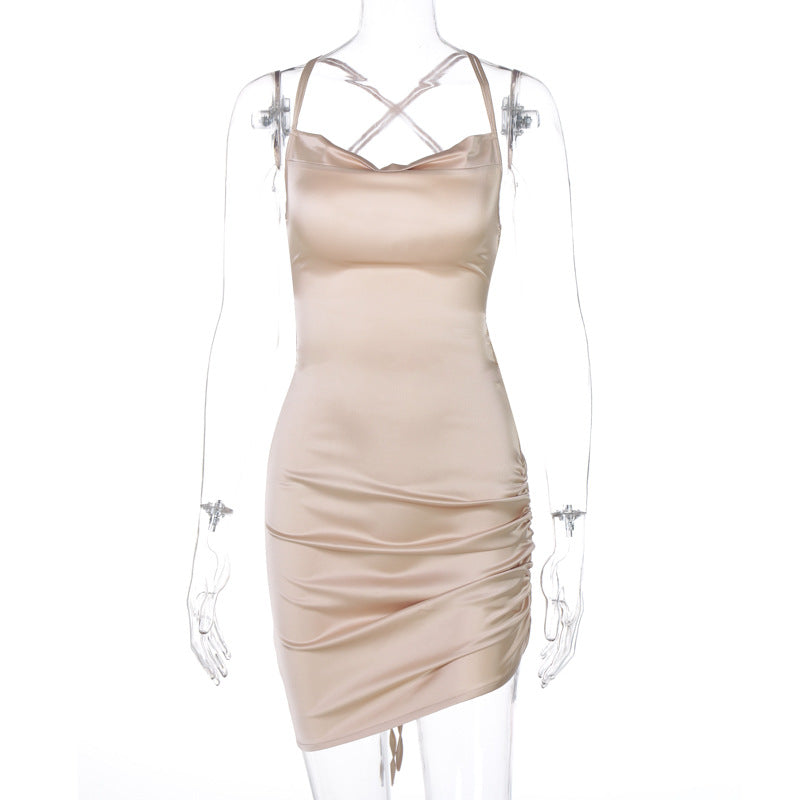 Chic Sage Green Satin Cowl Neck Backless Mini Dress - Ruched for Fall & Holiday Parties