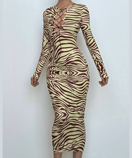 Daring Fall Zebra Print Lace-Up Bodycon Midi Dress - Long Sleeve Statement Style