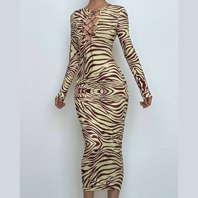 Daring Fall Zebra Print Lace-Up Bodycon Midi Dress - Long Sleeve Statement Style