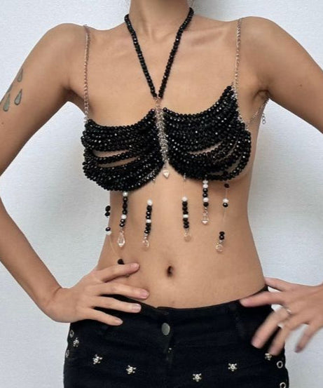 Bewitching Black Beaded Halter Body Chain Top - Fall Parties & Halloween Statement