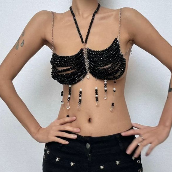 Bewitching Black Beaded Halter Body Chain Top - Fall Parties & Halloween Statement
