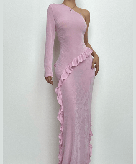 Elegant Lilac One-Shoulder Ruffle Maxi Dress - Fall Event & Holiday Party Ready