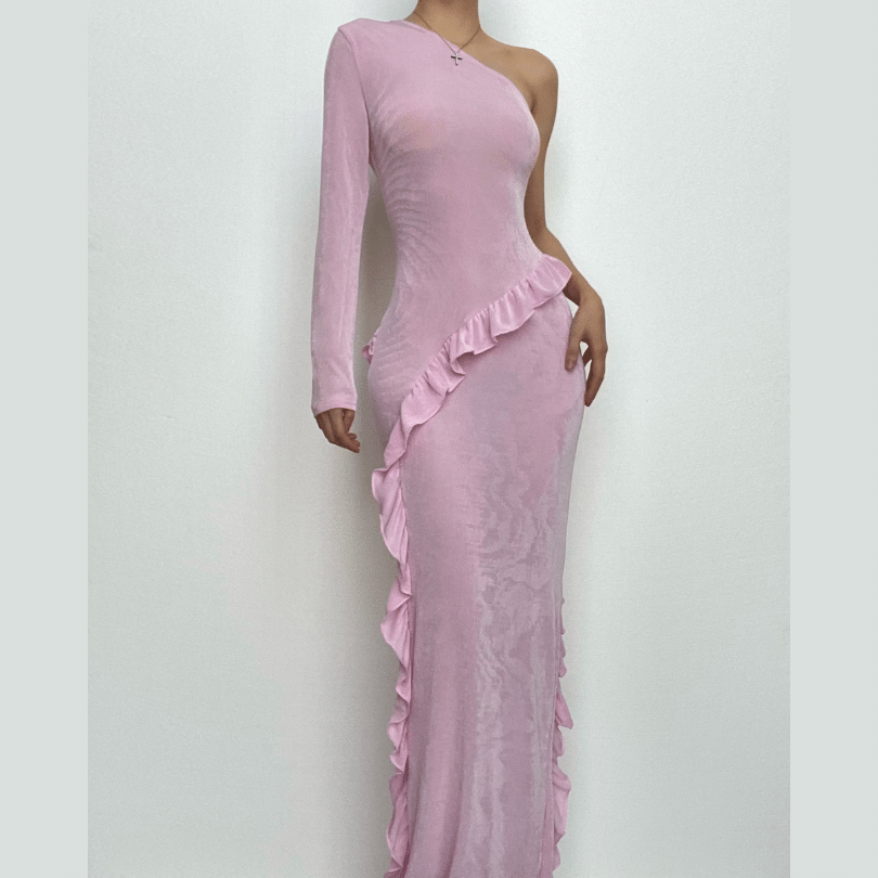 Elegant Lilac One-Shoulder Ruffle Maxi Dress - Fall Event & Holiday Party Ready
