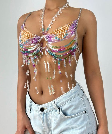Sparkling Rainbow Beaded Halter Top - Festival, Rave & Tropical Getaway Essential