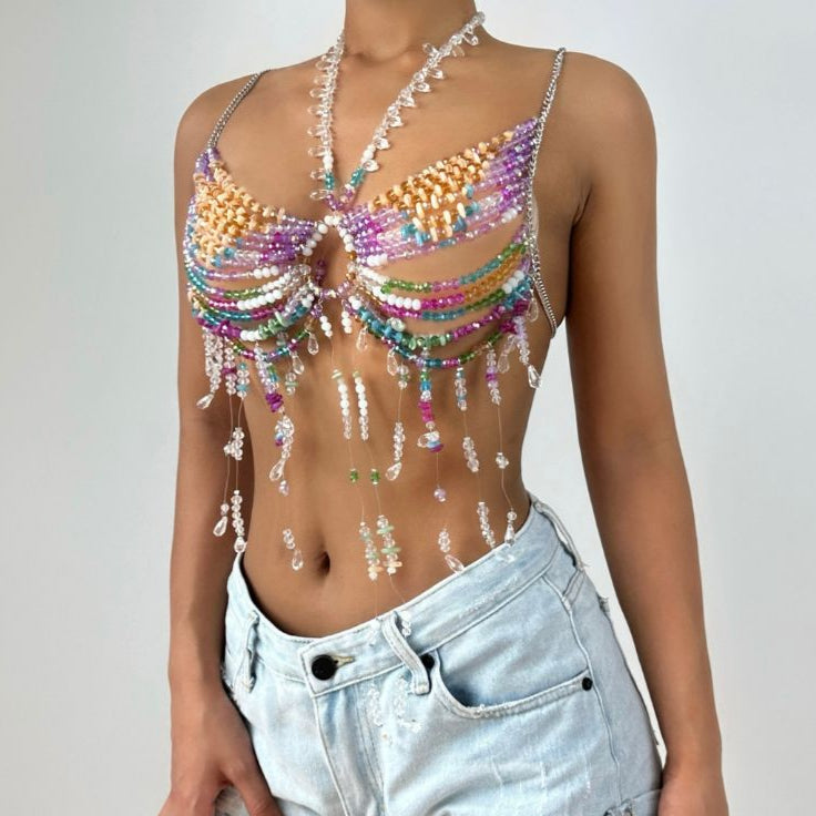 Sparkling Rainbow Beaded Halter Top - Festival, Rave & Tropical Getaway Essential