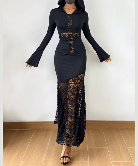 Gothic Glamour Hooded Maxi Dress | Bell Sleeve & Lace Cross for Halloween & Fall Nights