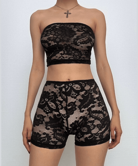 Edgy Black Lace Tube Top & Shorts Set - Your Fall & Halloween Statement Piece