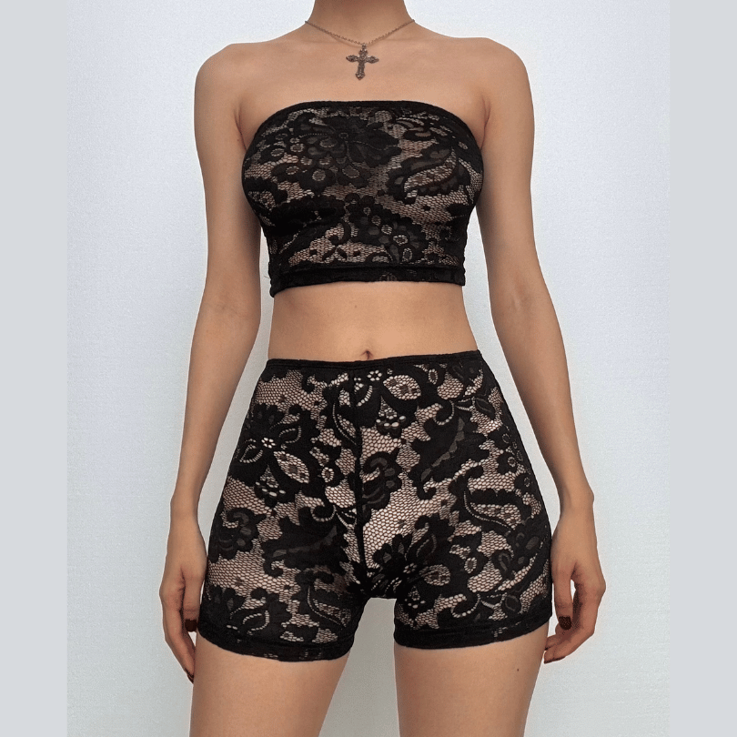 Edgy Black Lace Tube Top & Shorts Set - Your Fall & Halloween Statement Piece