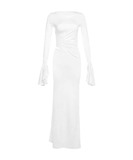 Chic Ivory Ruched Maxi Dress with Flared Bell Sleeves - Your Fall & Holiday Event Essential