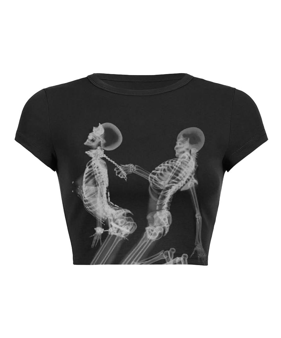 Tethered Skeletons X-Ray Crop Top - Spooky Chic Baby Tee for Halloween & Fall