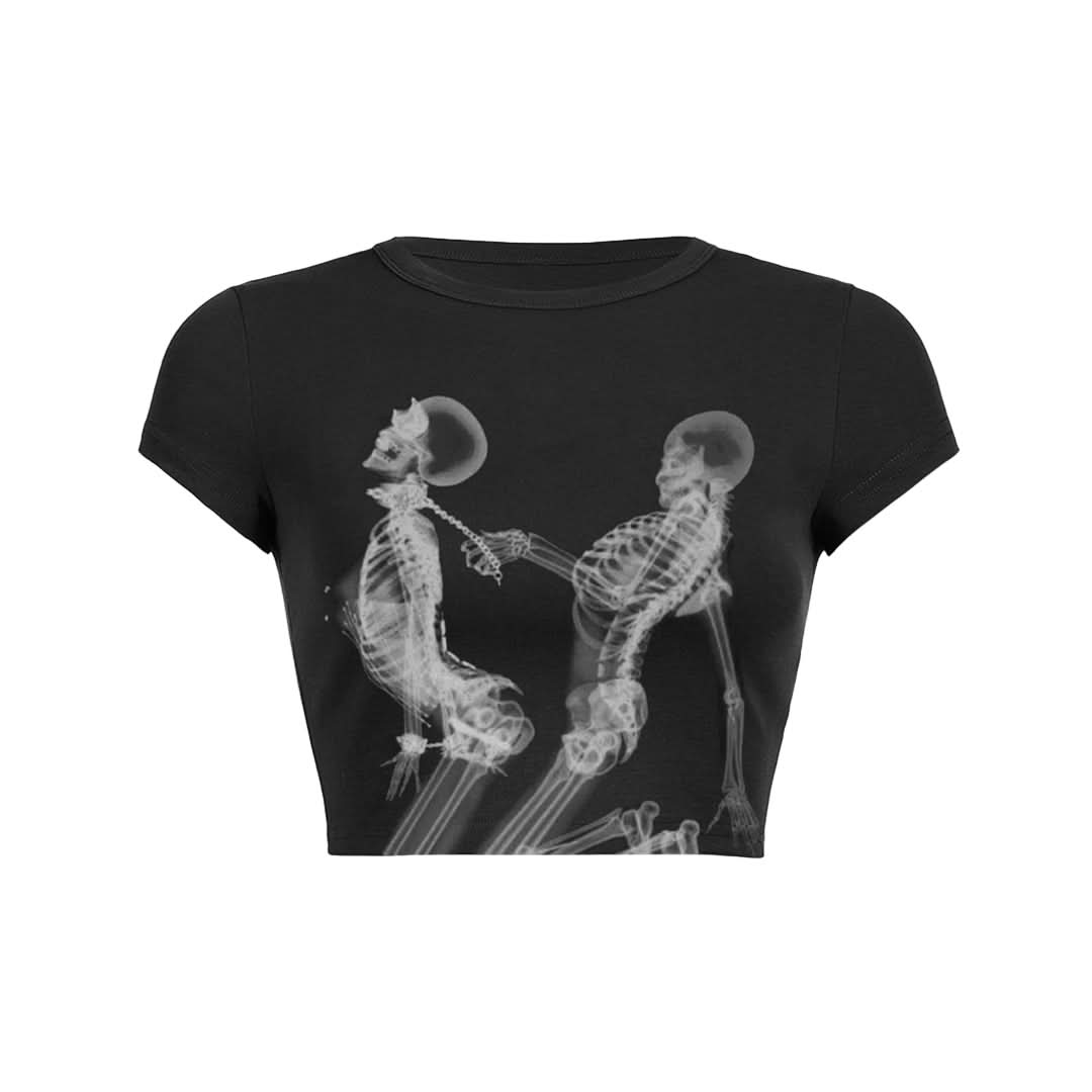 Tethered Skeletons X-Ray Crop Top - Spooky Chic Baby Tee for Halloween & Fall