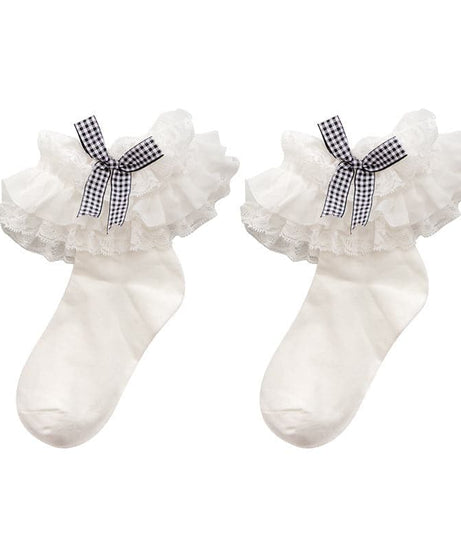 Sweet Gingham Bow Ruffled Lace Ankle Socks | Vintage-Inspired Fall Charm