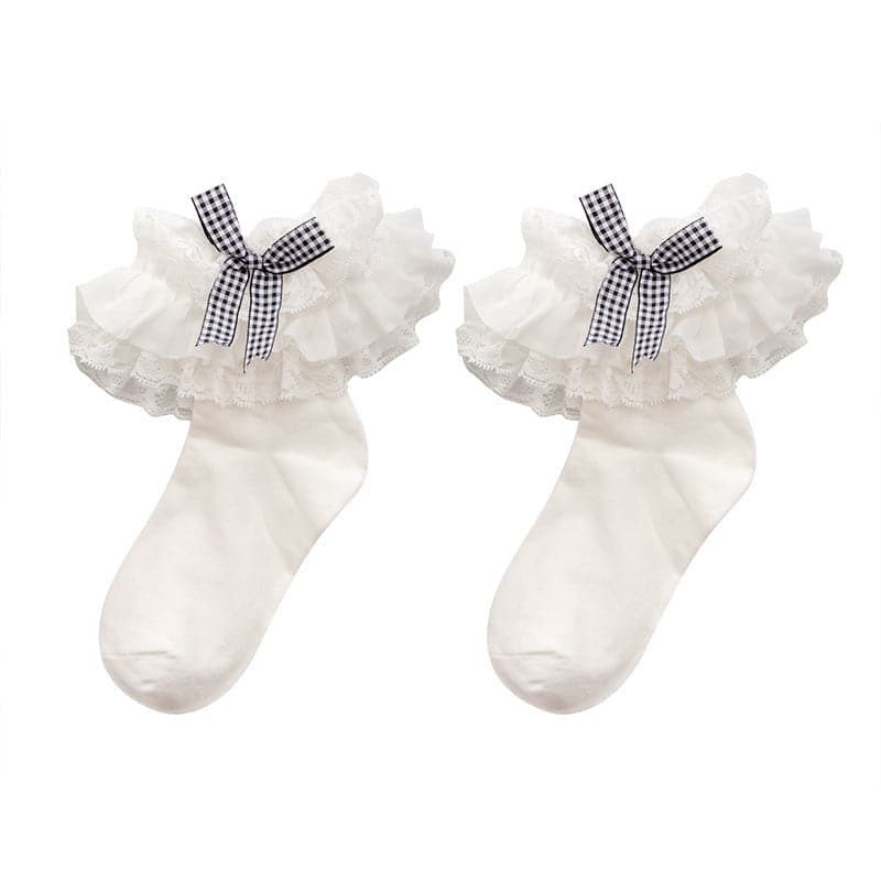 Sweet Gingham Bow Ruffled Lace Ankle Socks | Vintage-Inspired Fall Charm