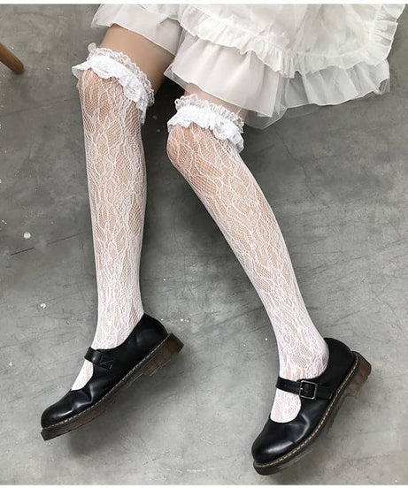 Enchanting White Lace Thigh-High Stockings – Delicate Ruffle Trim for Autumn & Halloween Chic