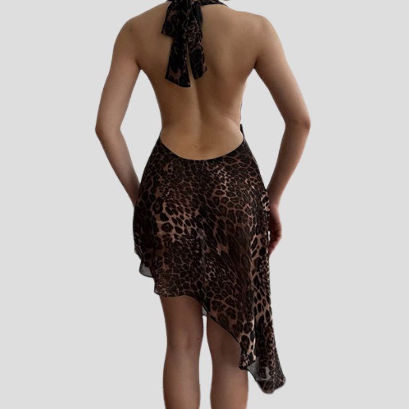 Unleash Your Wild Side: Leopard Print Halter Backless Asymmetrical Mini Dress for Fall Nights & Holiday Glam