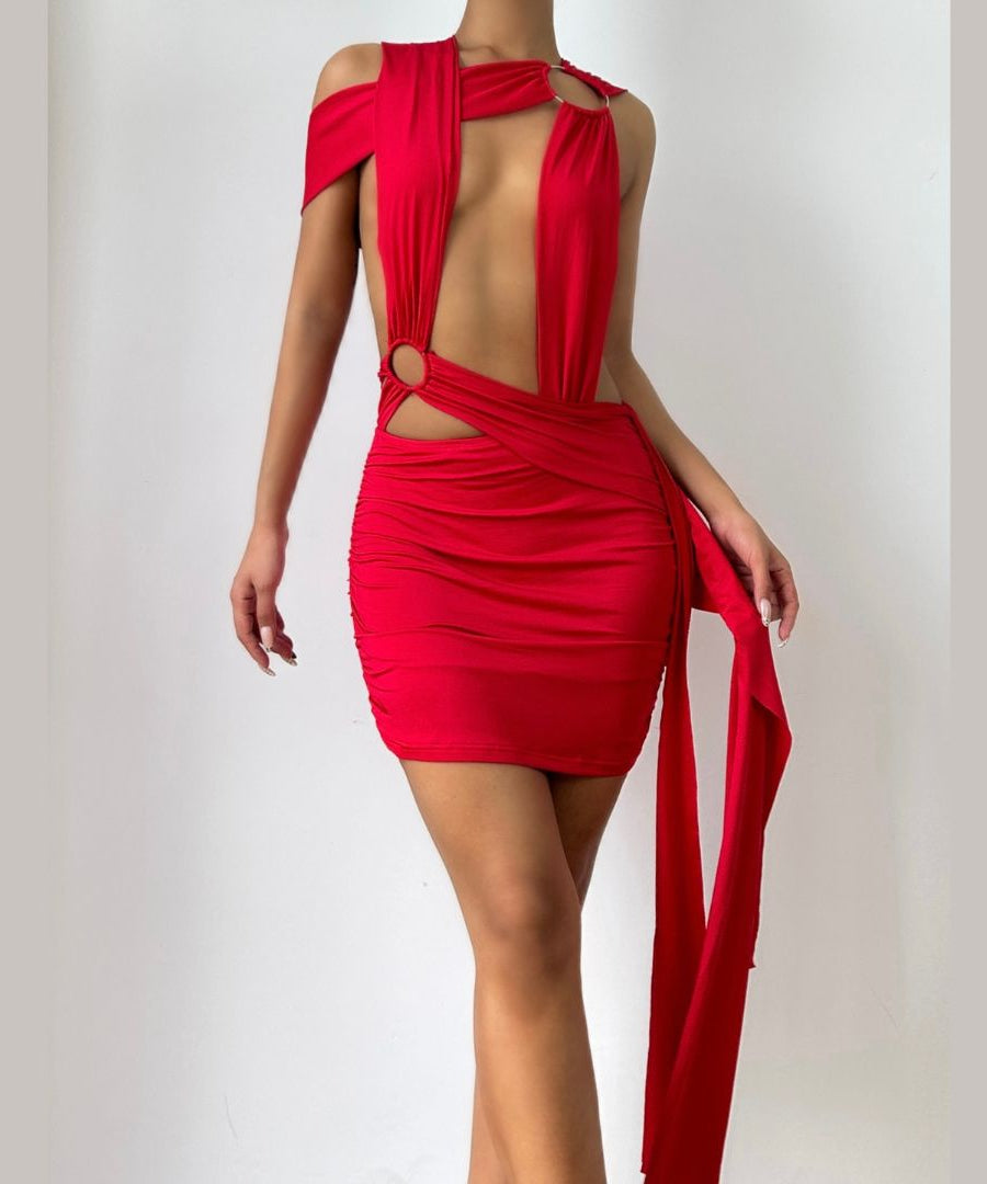 Red Hot Plunge & O-Ring Cutout Ruched Mini Dress - Your Daring Holiday Party & NYE Statement