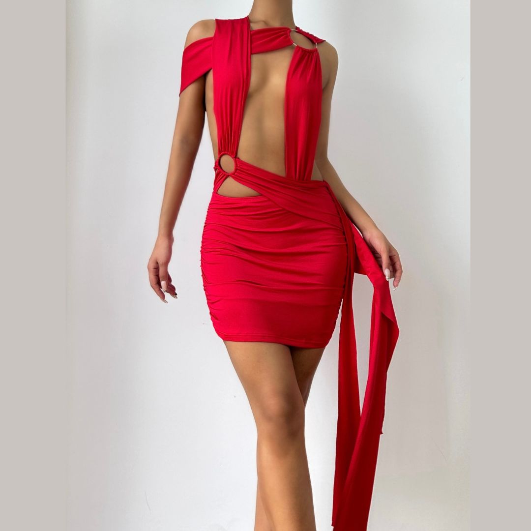Red Hot Plunge & O-Ring Cutout Ruched Mini Dress - Your Daring Holiday Party & NYE Statement