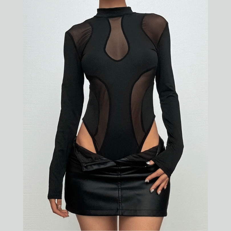 Sleek Black Mesh Panel Mock Neck Bodysuit - Edgy Long Sleeve Top for Fall & Halloween