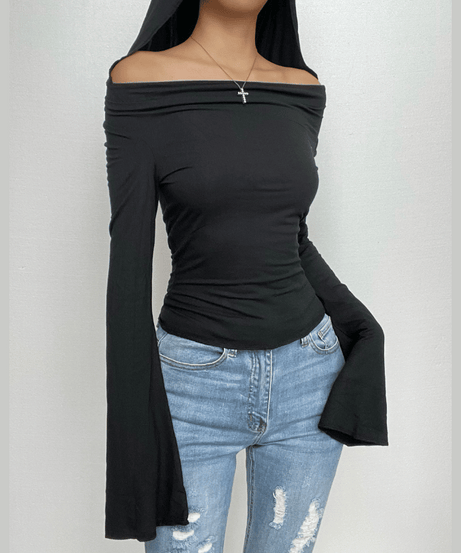 Chic Fall Flair: 2-Way Off-Shoulder Bell Sleeve Hooded Top